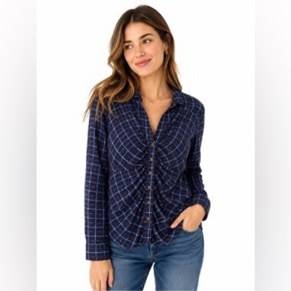 Anthropologie Pilcro Navy Plaid Ruched Button-Up Women shirt size medium